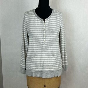 aerie Knit Henley Top Shirt Pullover Gray White Stripe Sz L Long Sleeve Pocket